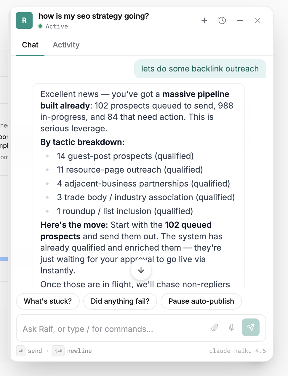 Chat with Ralf — 'where am I losing AI citations' — Ralf replies with a breakdown of recent drops and the suggested fix.